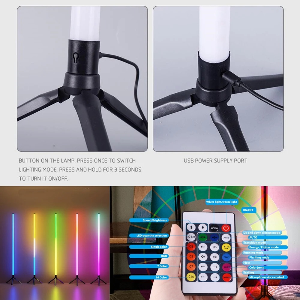 Smart RGB CCT Led Floor Lamp 103cm 360 Round Tube 5V USB Powered 24key Bluetooth APP Remote Control for Gaming PC TV Decoration
