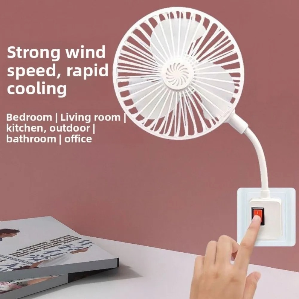 3-Prong Plug Design Socket Fan Cooling 360 Degree Adjustable Energy Efficient Fan USB-Powered Wall-Mounted Quiet Operation Fan