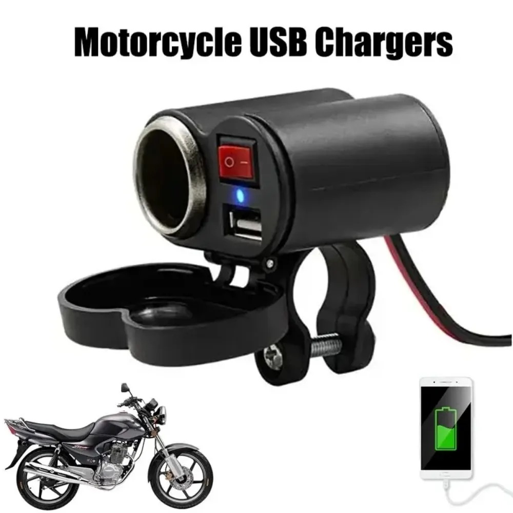12V Motorcycle Handlebar USB Charger Waterproof Cigaret-te Lighter Socket with Switch for Cellphones Mobile Tablets