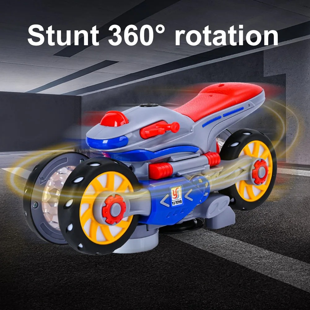 Auto-Rotating Wheels Motorcycle Model with LED Light and Music 360° Spinning Transforming Motorcycle for Children Kid Toddler