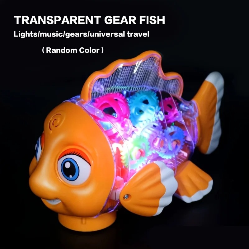 Colorful Transparent Gear Fish，Electric Universal Fun Toy（Does not include batteries），Gear Transmission Mechanism，Dazzling Light