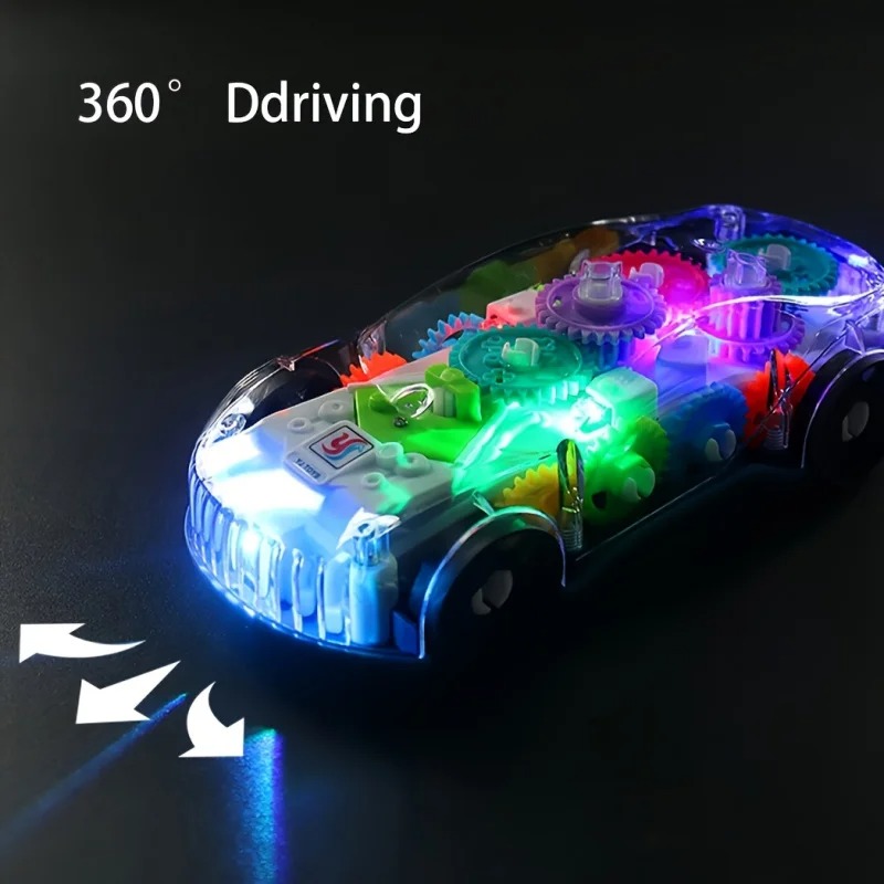Electric Light Transparent Gear Car - 360°Rotating Stunt Car，With music and lights，Colorful Plastic Toys，Suitable for Children，