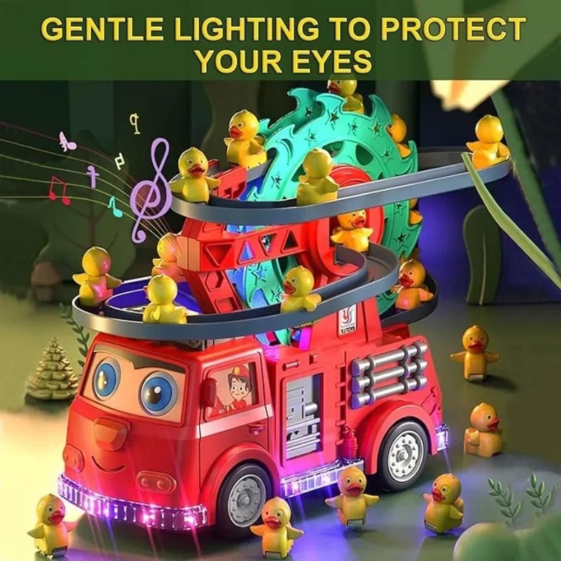 Fire Rail Car with 3 Ducks Climbing Toy with Lights & Music Baby Electric Duck Stair Climbing Toy Set Duck Ladder Slide Toy Baby