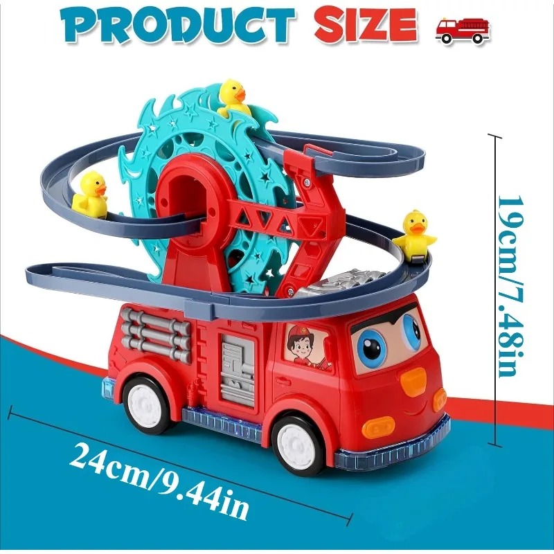 Fire Rail Car with 3 Ducks Climbing Toy with Lights & Music Baby Electric Duck Stair Climbing Toy Set Duck Ladder Slide Toy Baby