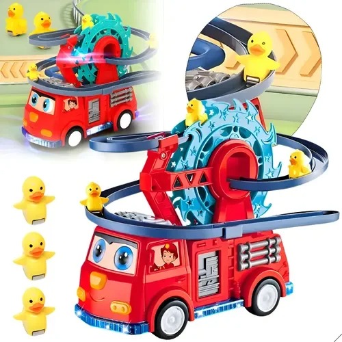 Fire Rail Car with 3 Ducks Climbing Toy with Lights & Music Baby Electric Duck Stair Climbing Toy Set Duck Ladder Slide Toy Baby
