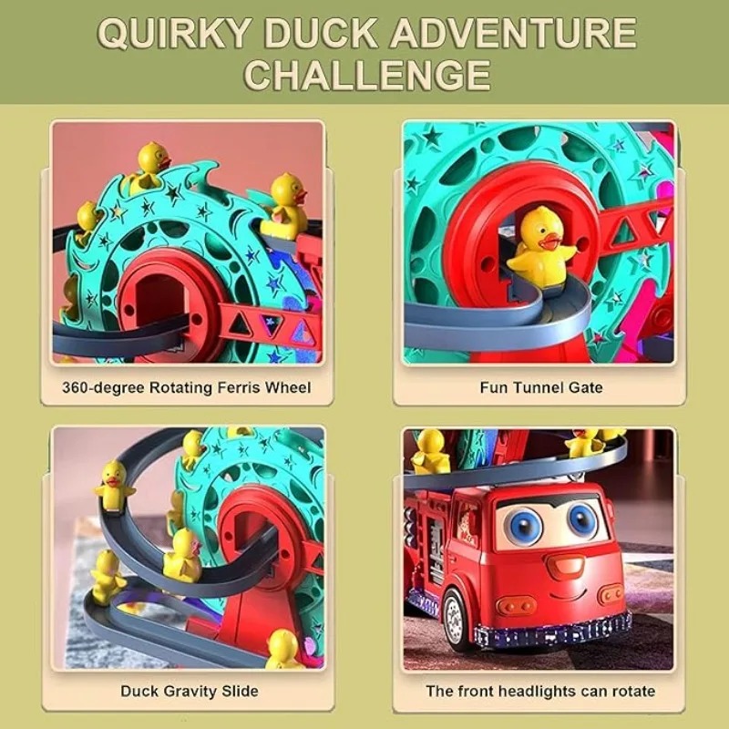 Fire Rail Car with 3 Ducks Climbing Toy with Lights & Music Baby Electric Duck Stair Climbing Toy Set Duck Ladder Slide Toy Baby
