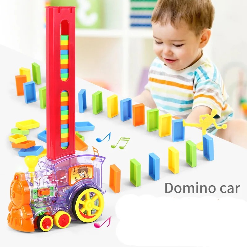Kids Toy Domino Rally Electric Train Model With Lights And Sound Red And Transparent Building Blocks Vehicle Education