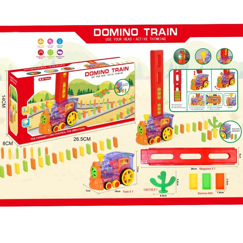 Kids Toy Domino Rally Electric Train Model With Lights And Sound Red And Transparent Building Blocks Vehicle Education